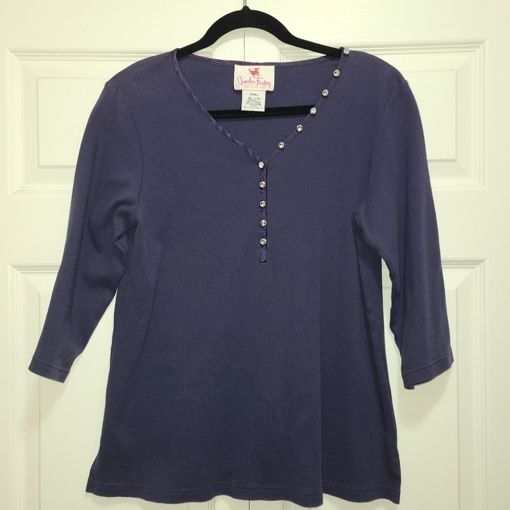 Quacker Factory Embellished Rhinestone trim 3/4‎ sleeve blue shirt top Vintage